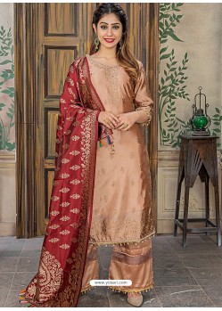 Beige Heavy Party Wear Banarasi Jacquard Palazzo Suit