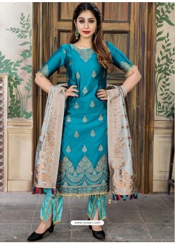 Blue Heavy Party Wear Banarasi Jacquard Palazzo Suit