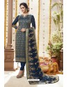 Navy Blue Kostub Silk Heavy Embroidered Churidar Suit