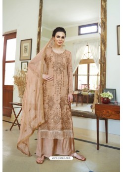 Beige Organza Embroidered Designer Palazzo Suit