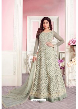 Grayish Green Net Designer Party Wear Anarkali Suit