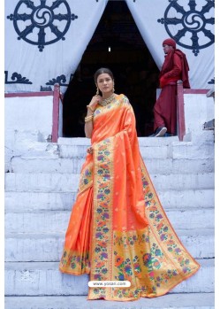 Light Orange Designer Party Wear Silk Sari