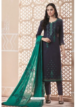 Navy Blue Party Wear Designer Pure Cotton Salwar Suit