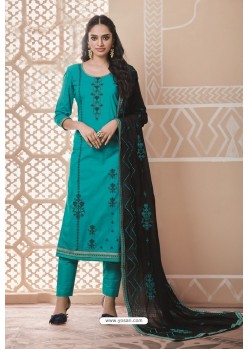 Turquoise Party Wear Designer Pure Cotton Salwar Suit