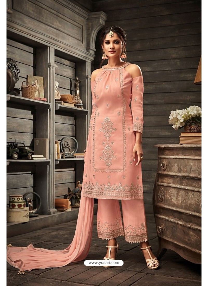 Soft Net Base Cream Color V Neck Salwar Suit With Heavy Sequins Work Dupatta