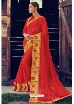 Red Designer Party Wear Chiffon Sari