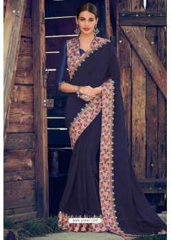 Navy Blue Designer Party Wear Chiffon Sari