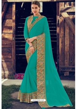 Turquoise Designer Party Wear Chiffon Sari