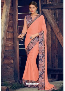 Peach Designer Party Wear Chiffon Sari