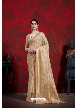 Light Beige Designer Linen Art Silk Traditional Wear Sari