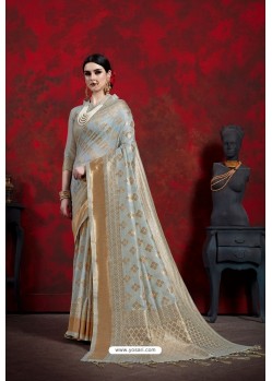 Aqua Grey Designer Linen Art Silk Traditional Wear Sari