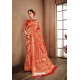 Tomato Red Designer Banarasi Silk Classic Wear Sari