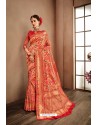 Tomato Red Designer Banarasi Silk Classic Wear Sari