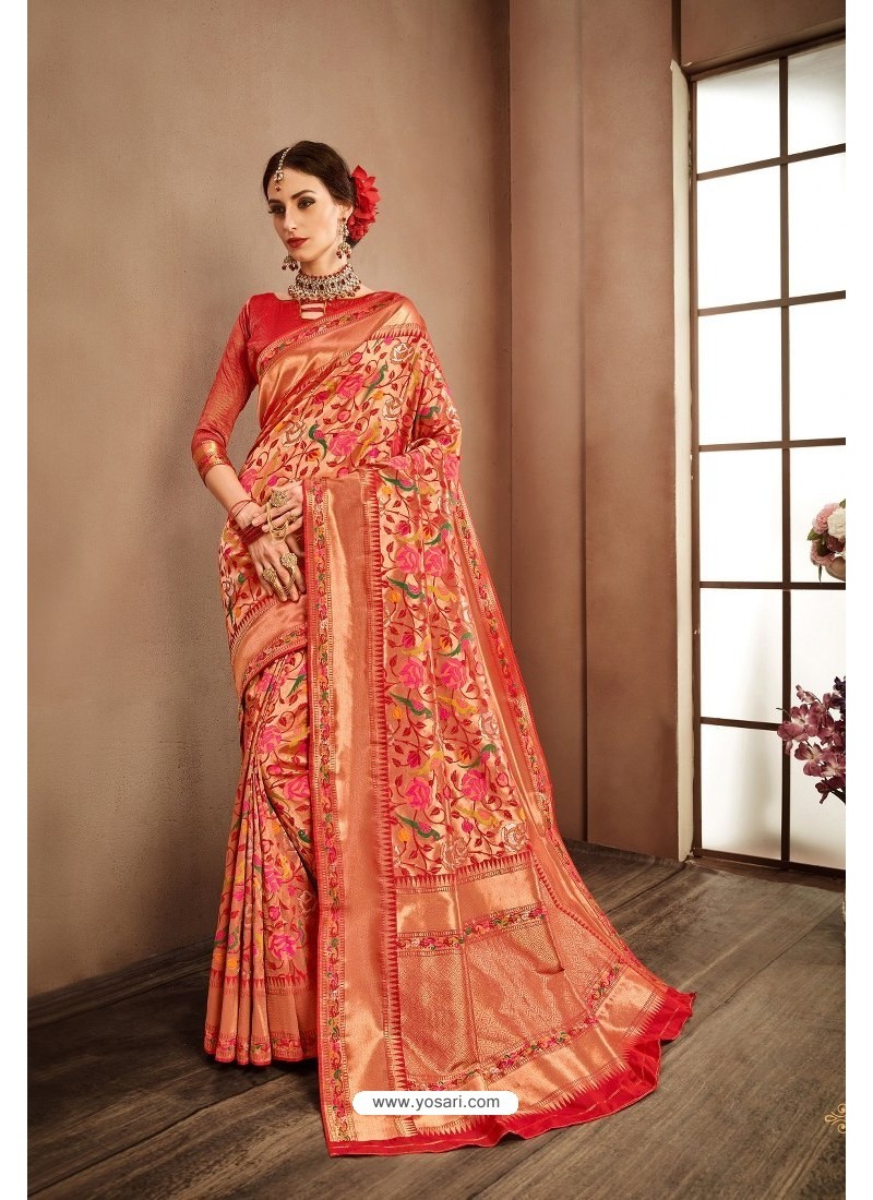 Buy Tomato Red Designer Banarasi Silk Classic Wear Sari | Party Wear Sarees