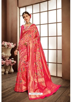 Dark Peach Designer Banarasi Silk Classic Wear Sari