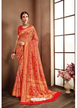 Tomato Red Designer Banarasi Silk Classic Wear Sari