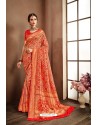 Tomato Red Designer Banarasi Silk Classic Wear Sari