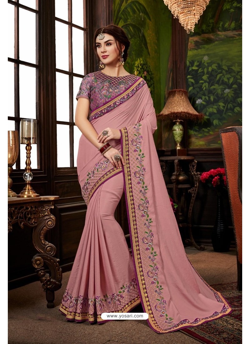 Buy Dusty Pink Traditional Designer Embroidered Sari | Party Wear Sarees