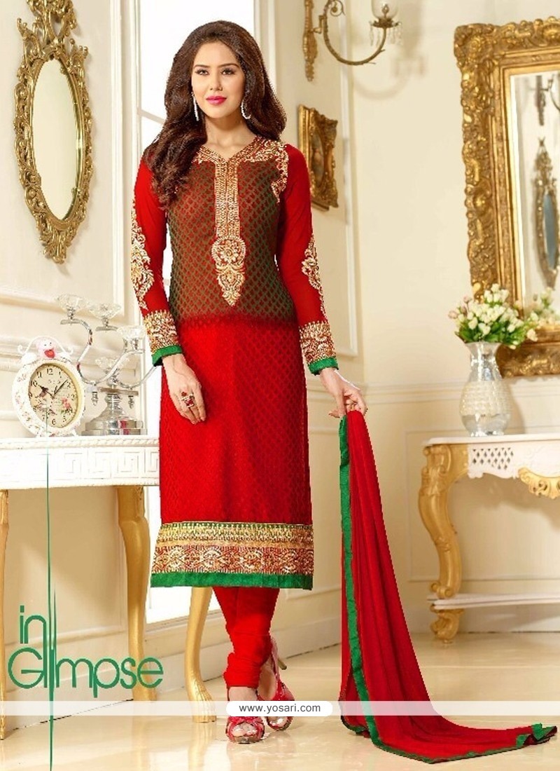Astonishing Brasso Georgette Brown And Red Embroidered Work Churidar Salwar Suit