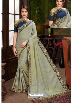 Aqua Grey Traditional Designer Embroidered Sari