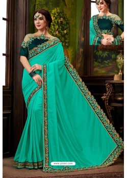 Aqua Blue Traditional Designer Embroidered Sari