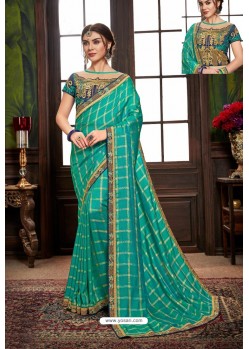 Turquoise Traditional Designer Embroidered Sari