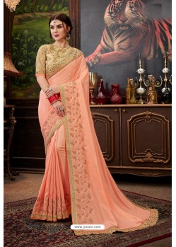 Light Orange Traditional Designer Embroidered Sari