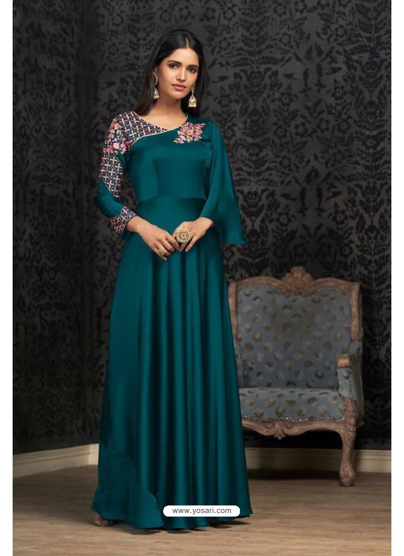 Buy Teal Blue Glowing Georgette Embroidered Kurti | Party Wear Kurtis