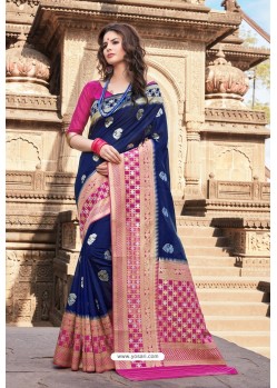 Navy Blue Designer Party Wear Nylon Art Silk Sari