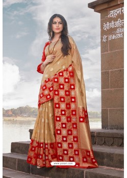 Beige Designer Party Wear Nylon Art Silk Sari