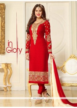Dazzling Lace Work Red Churidar Suit