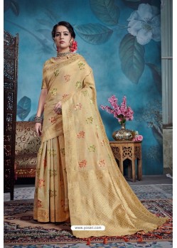 Beige Designer Party Wear Linen Art Silk Sari