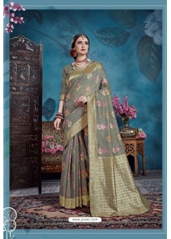 Dull Grey Designer Party Wear Linen Art Silk Sari