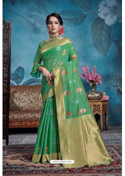 Jade Green Designer Party Wear Linen Art Silk Sari