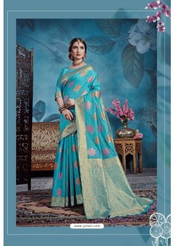 Turquoise Designer Party Wear Linen Art Silk Sari