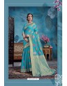 Turquoise Designer Party Wear Linen Art Silk Sari