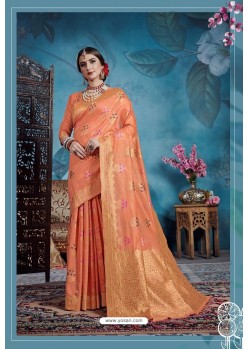 Light Orange Designer Party Wear Linen Art Silk Sari