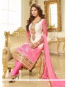 Luxurious Pink And White Embroidered Work Brasso Georgette Churidar Designer Suit