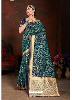 Navy Blue Designer Heavy Embroidered Party Wear Banarasi Art Silk Sari