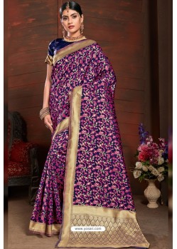 Magenta Designer Heavy Embroidered Party Wear Banarasi Art Silk Sari