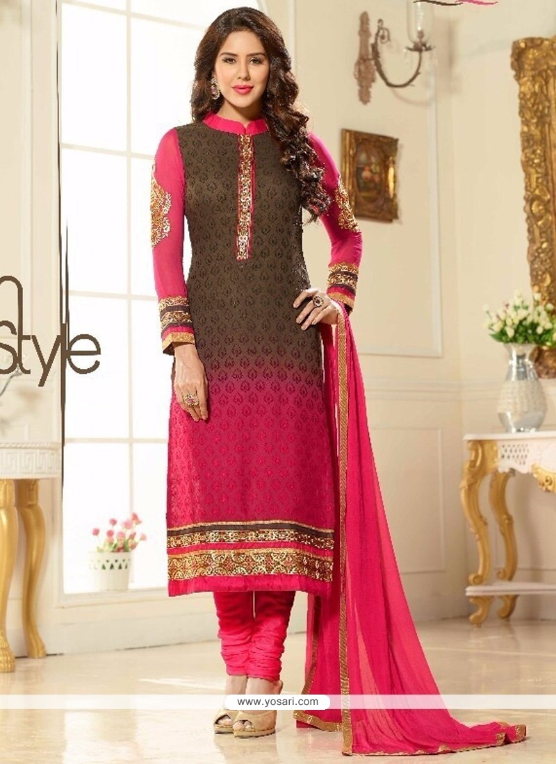 Energetic Brasso Georgette Hot Pink And Brown Churidar Salwar Suit