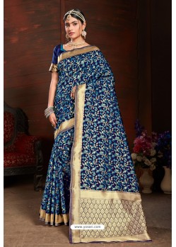 Blue Designer Heavy Embroidered Party Wear Banarasi Art Silk Sari