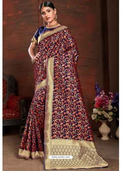 Red Designer Heavy Embroidered Party Wear Banarasi Art Silk Sari