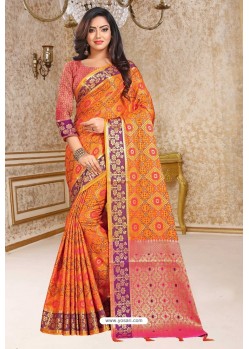 Orange Designer Party Wear Patola Silk Sari