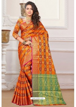 Orange Designer Party Wear Patola Silk Sari