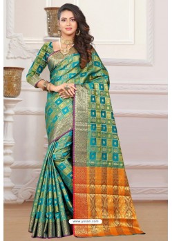 Teal Designer Party Wear Patola Silk Sari