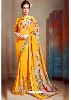 Yellow Designer Printed Casual Georgette Sari