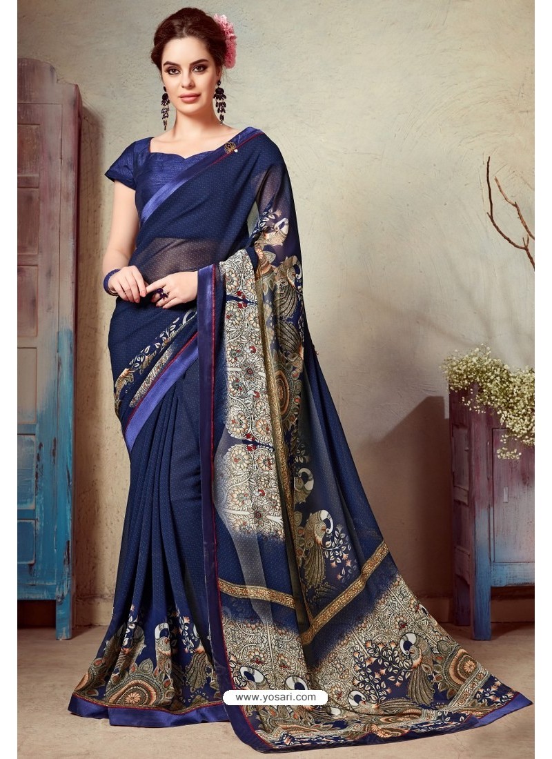 Buy Navy Blue Designer Printed Casual Georgette Sari | Casual Sarees