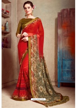 Red Designer Printed Casual Georgette Sari