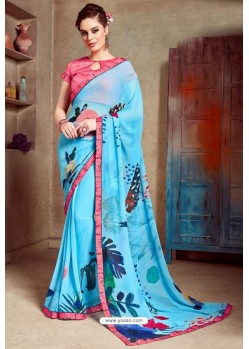 Turquoise Designer Printed Casual Georgette Sari